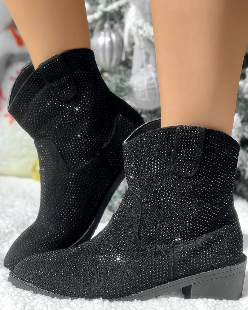 Rhinestone Decor Chunky Heel Ankle Boots