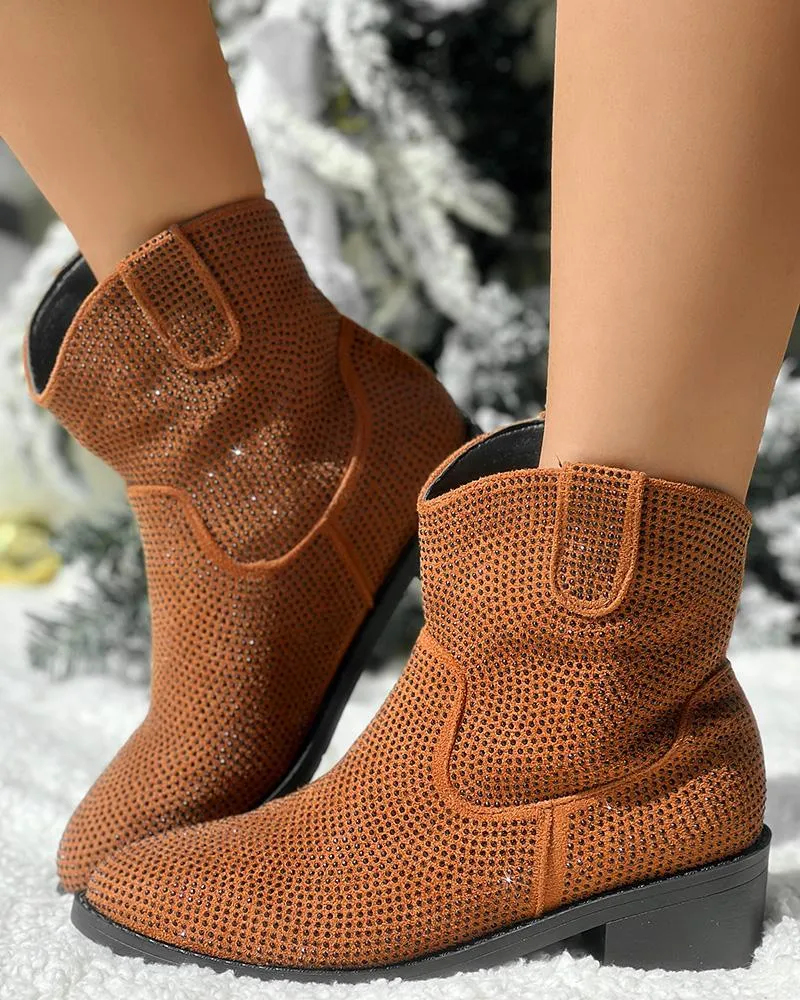 Rhinestone Decor Chunky Heel Ankle Boots