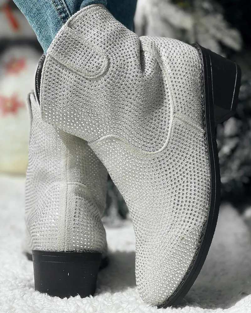 Rhinestone Decor Chunky Heel Ankle Boots