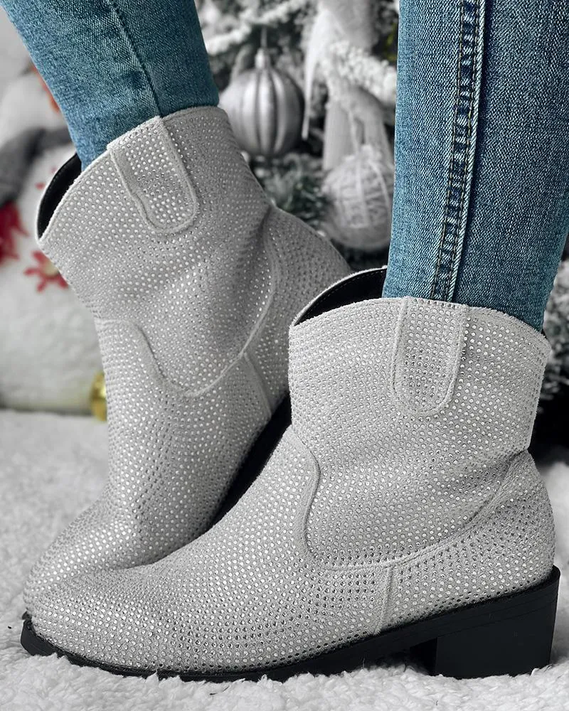 Rhinestone Decor Chunky Heel Ankle Boots