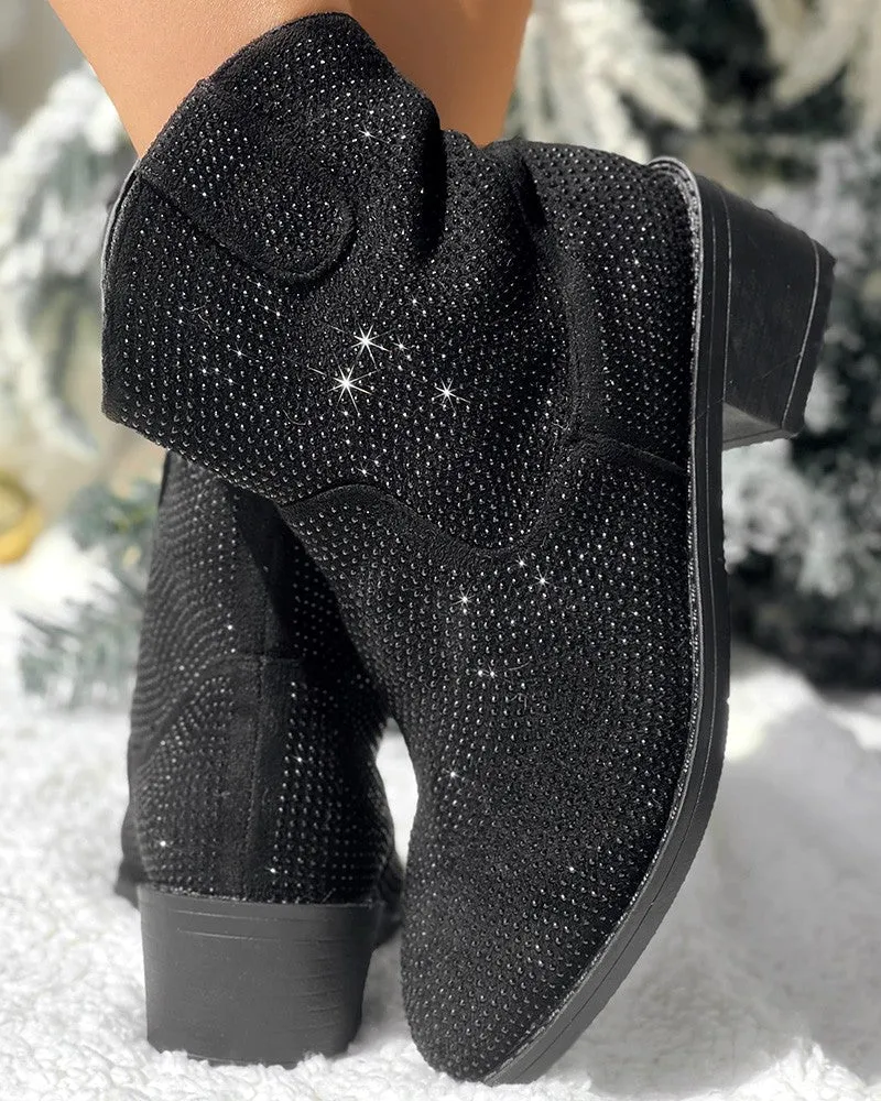 Rhinestone Decor Chunky Heel Ankle Boots