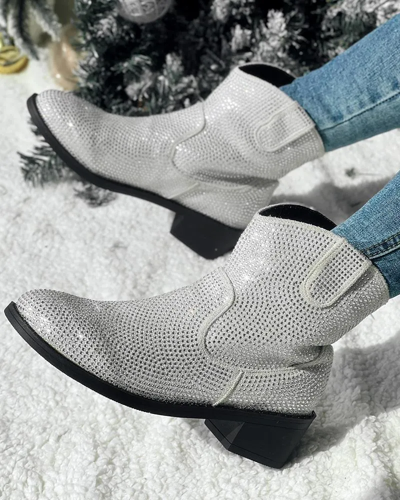 Rhinestone Decor Chunky Heel Ankle Boots
