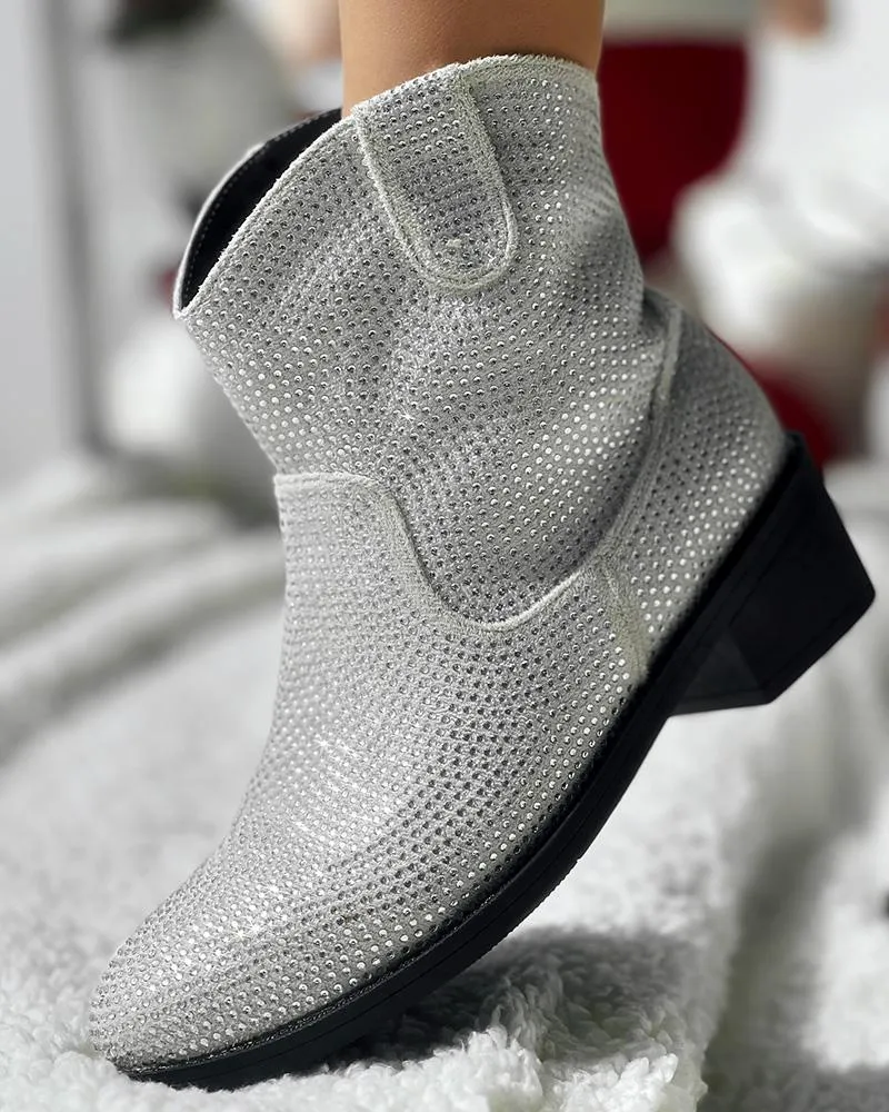 Rhinestone Decor Chunky Heel Ankle Boots
