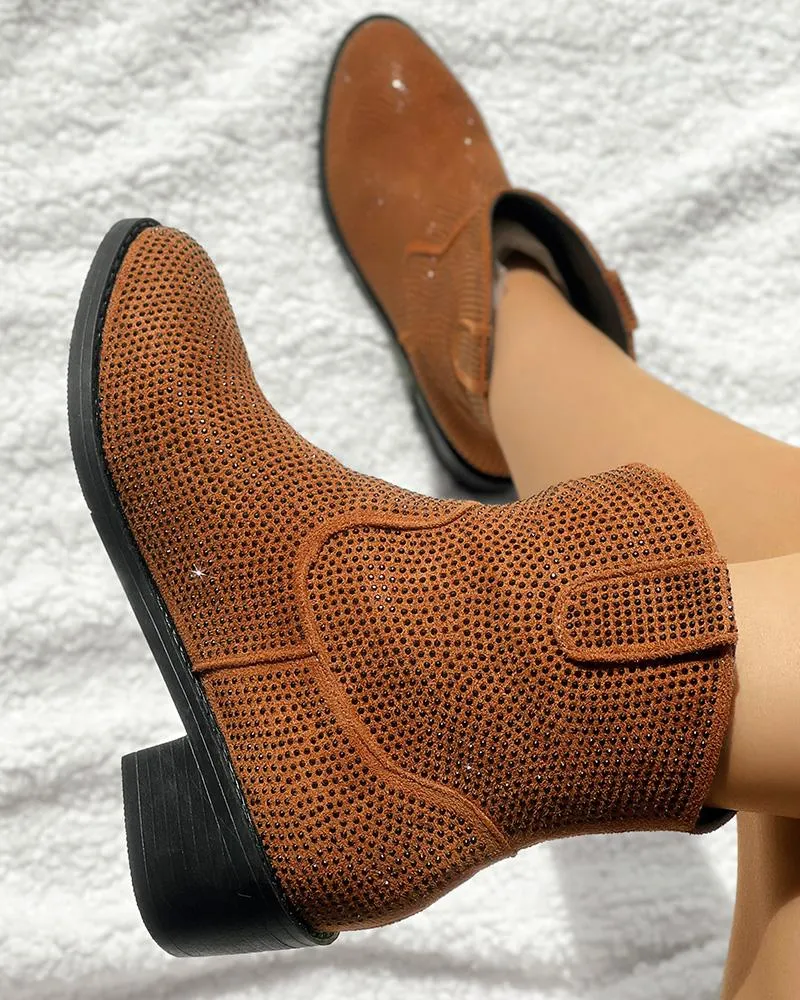Rhinestone Decor Chunky Heel Ankle Boots