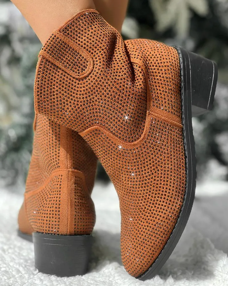 Rhinestone Decor Chunky Heel Ankle Boots