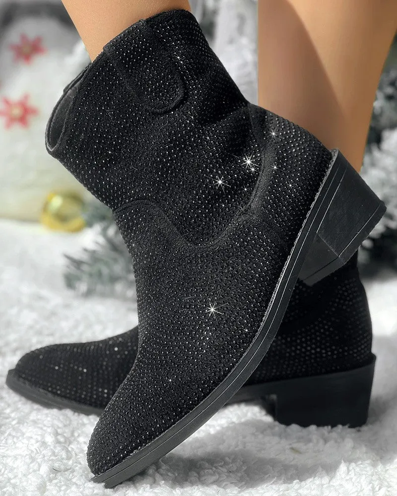 Rhinestone Decor Chunky Heel Ankle Boots