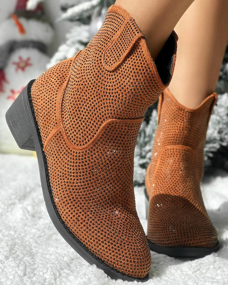Rhinestone Decor Chunky Heel Ankle Boots