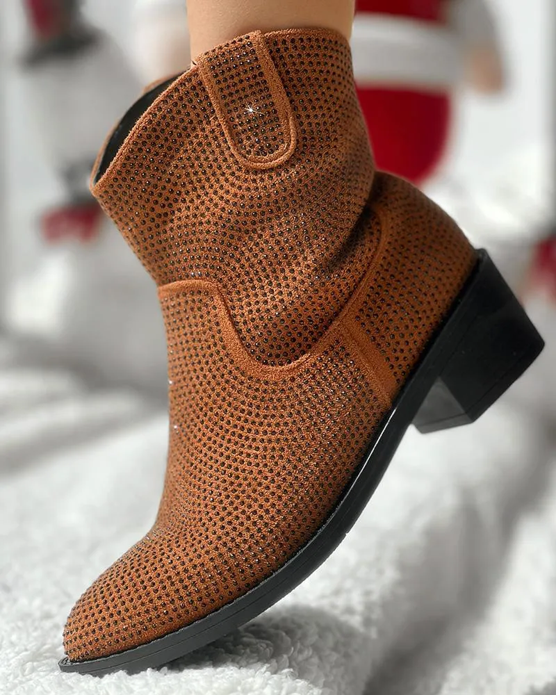 Rhinestone Decor Chunky Heel Ankle Boots