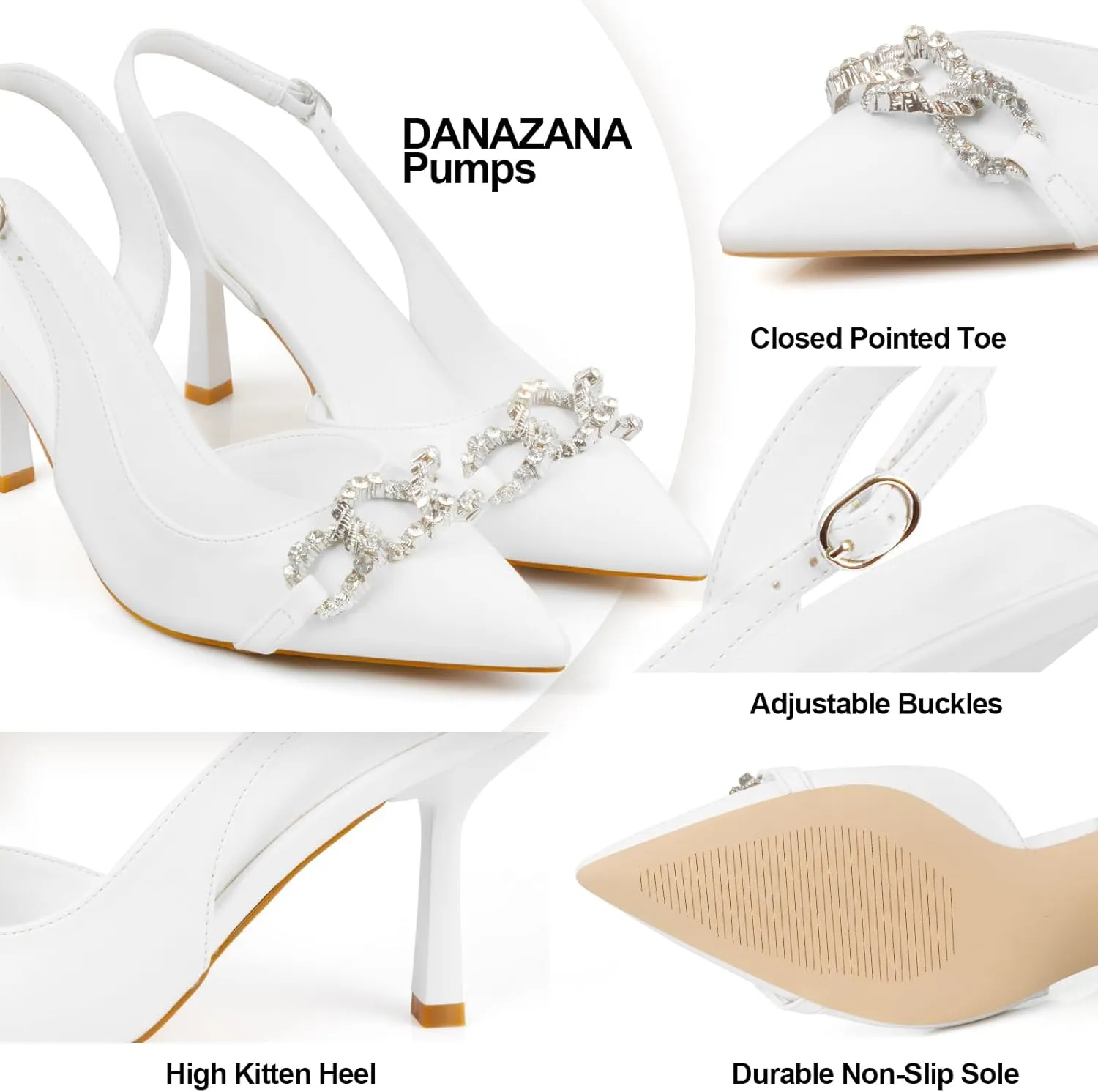Rhinestones Slingback Heels Women Closed Pointed Toe Crystal Bridal Wedding Stiletto Pumps Shoes Slip On Sandals Buckle Strap Kitten Heels Size 6-10