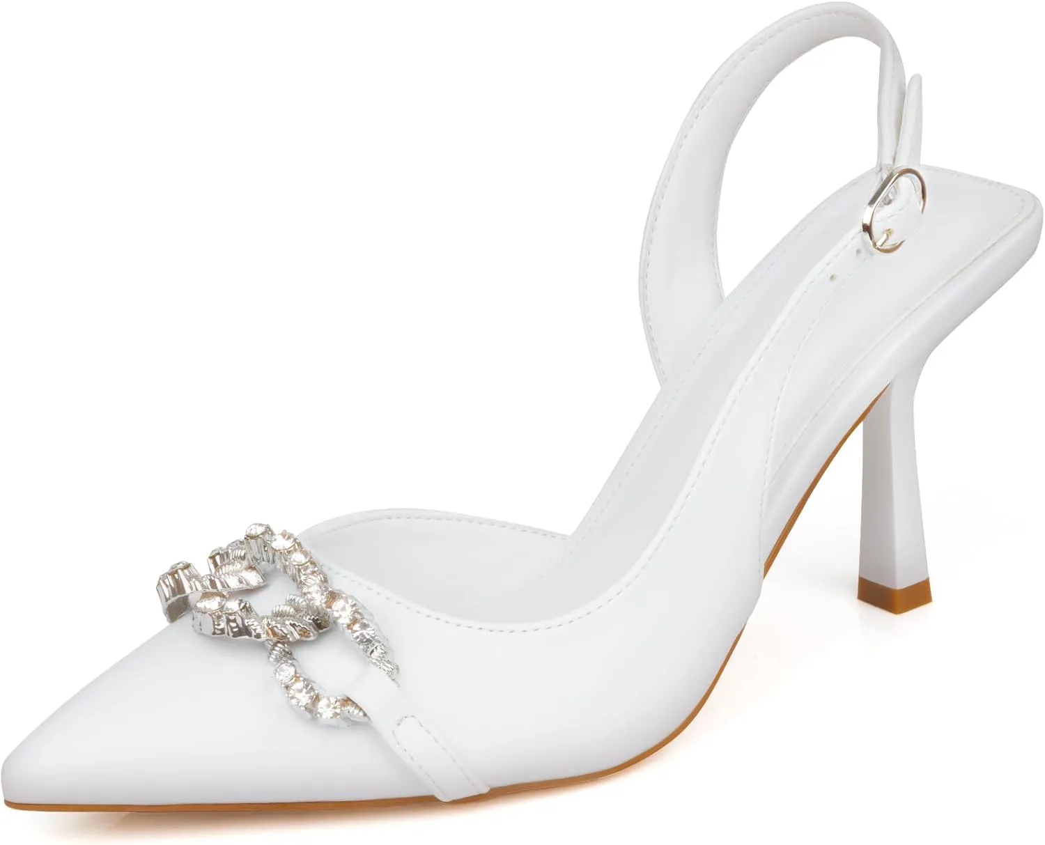 Rhinestones Slingback Heels Women Closed Pointed Toe Crystal Bridal Wedding Stiletto Pumps Shoes Slip On Sandals Buckle Strap Kitten Heels Size 6-10