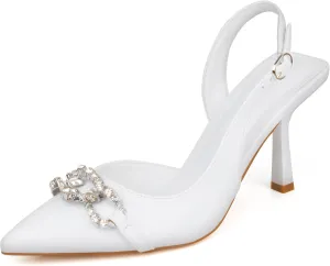Rhinestones Slingback Heels Women Closed Pointed Toe Crystal Bridal Wedding Stiletto Pumps Shoes Slip On Sandals Buckle Strap Kitten Heels Size 6-10