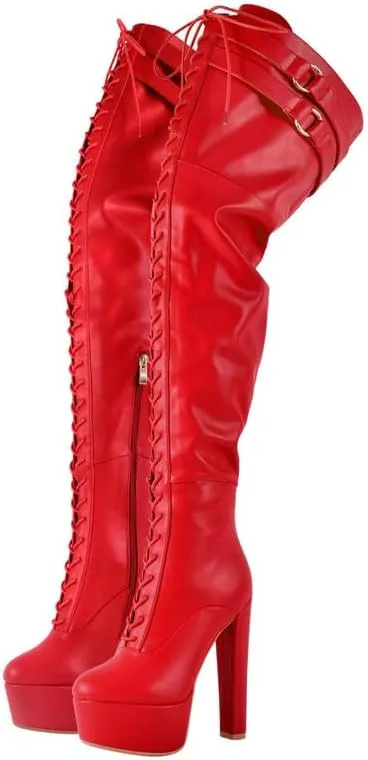 Richealnana Women's Over The Knee High Platform Thigh High Boots Lace-Up Chunky Heels Fashion