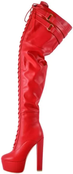 Richealnana Women's Over The Knee High Platform Thigh High Boots Lace-Up Chunky Heels Fashion