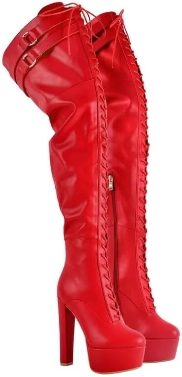 Richealnana Women's Over The Knee High Platform Thigh High Boots Lace-Up Chunky Heels Fashion