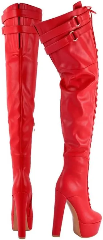Richealnana Women's Over The Knee High Platform Thigh High Boots Lace-Up Chunky Heels Fashion