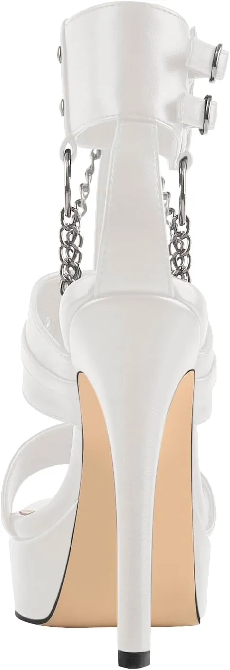 richealnini Ankle Strap Stiletto Heel Strappy Sandals with Chains and Grommets T-strap Studded Rivets Platform Sandals