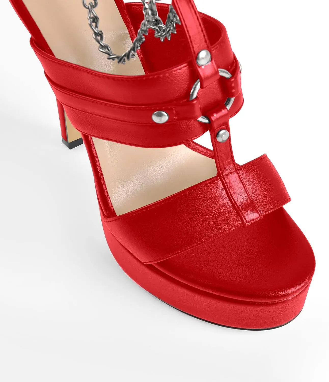 richealnini Ankle Strap Stiletto Heel Strappy Sandals with Chains and Grommets T-strap Studded Rivets Platform Sandals