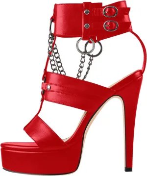 richealnini Ankle Strap Stiletto Heel Strappy Sandals with Chains and Grommets T-strap Studded Rivets Platform Sandals