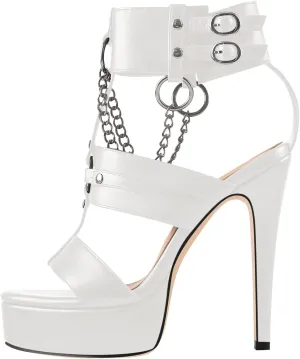 richealnini Ankle Strap Stiletto Heel Strappy Sandals with Chains and Grommets T-strap Studded Rivets Platform Sandals