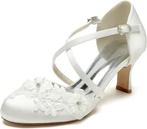 Roimaash Vintage Flower Satin Wedding Pumps Round Toe Criss Cross