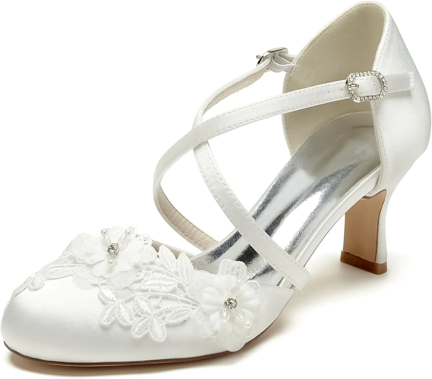 Roimaash Vintage Flower Satin Wedding Pumps Round Toe Criss Cross