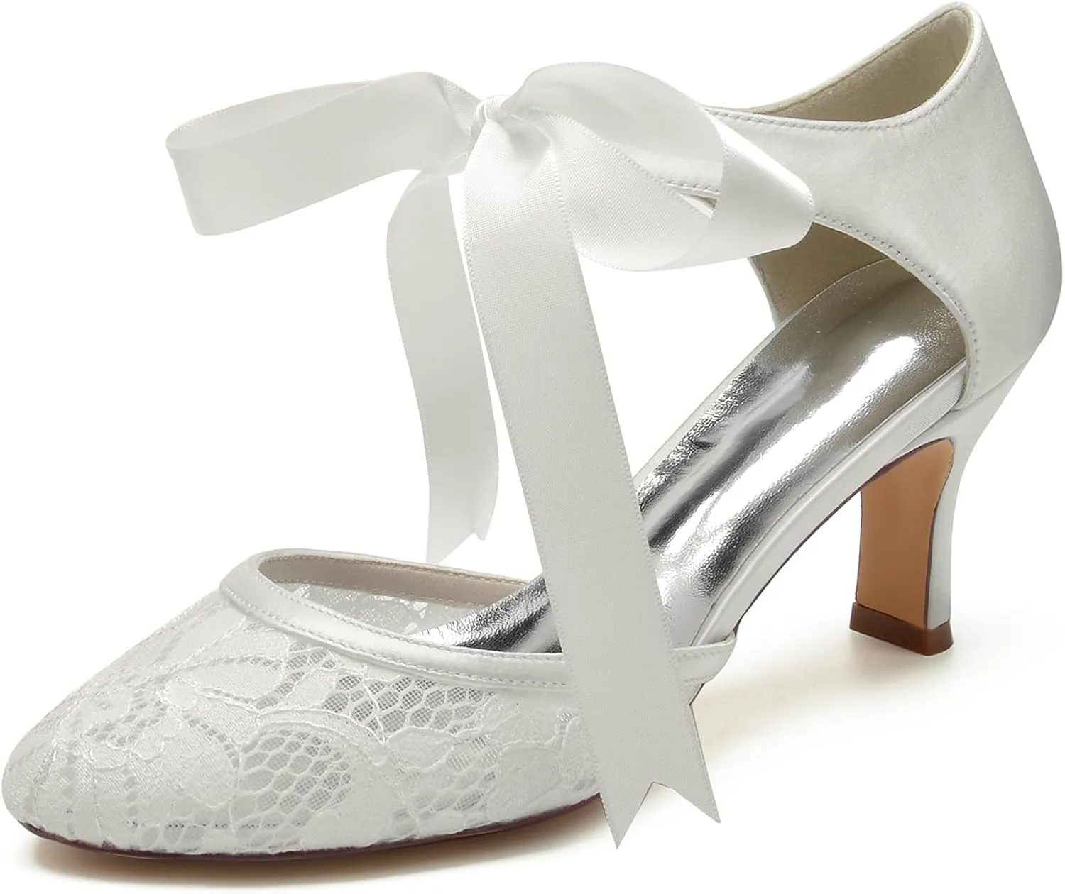 Roimaash Vintage Ribbon Lace Bow Wedding Pumps Round Toe