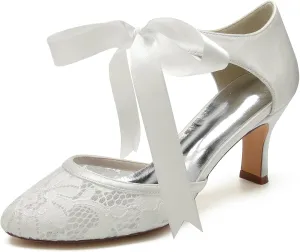 Roimaash Vintage Ribbon Lace Bow Wedding Pumps Round Toe