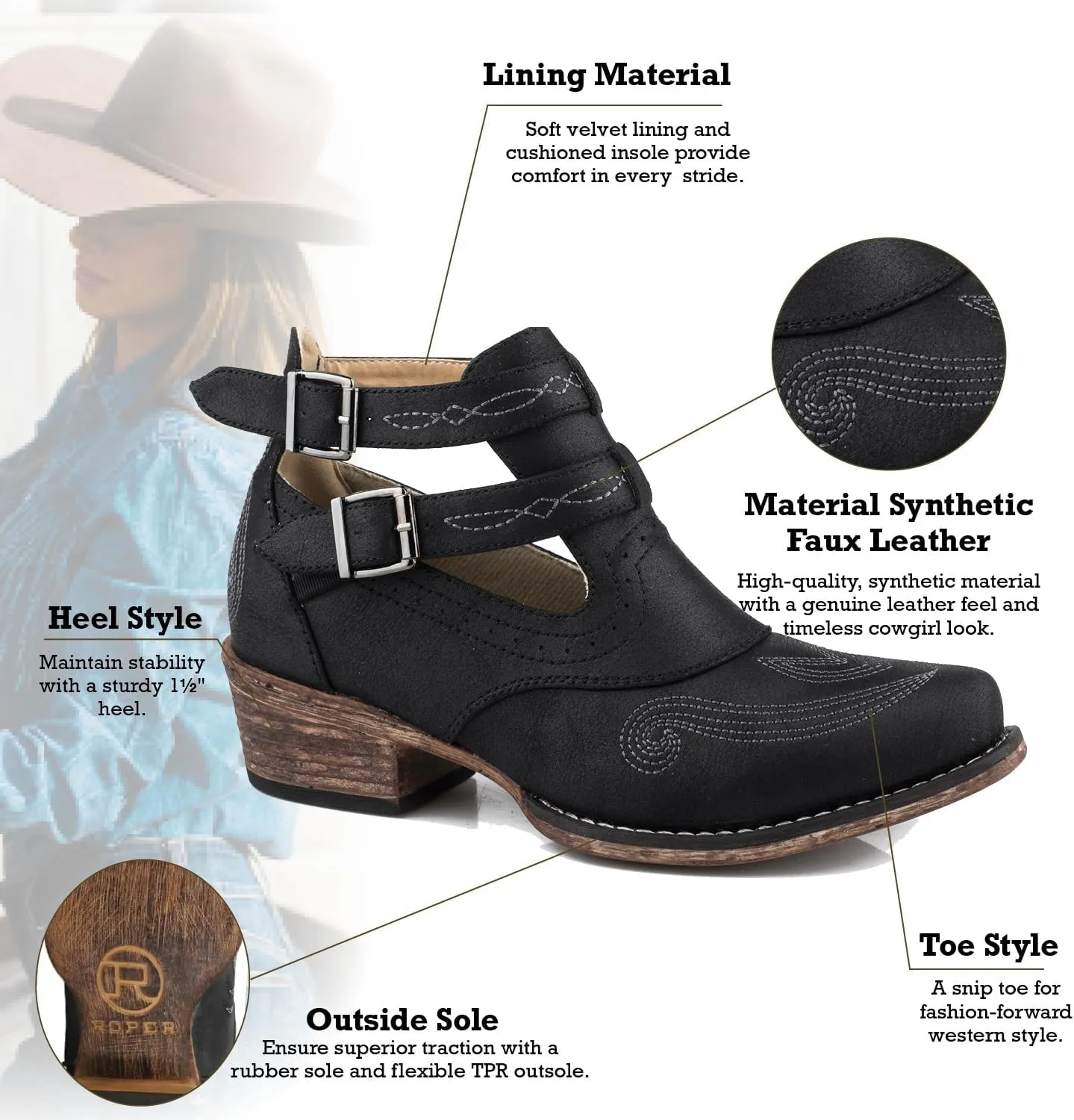 ROPER Womens Willa Embroidery Snip Toe Casual Boots Ankle Low Heel 1-2" - Brown