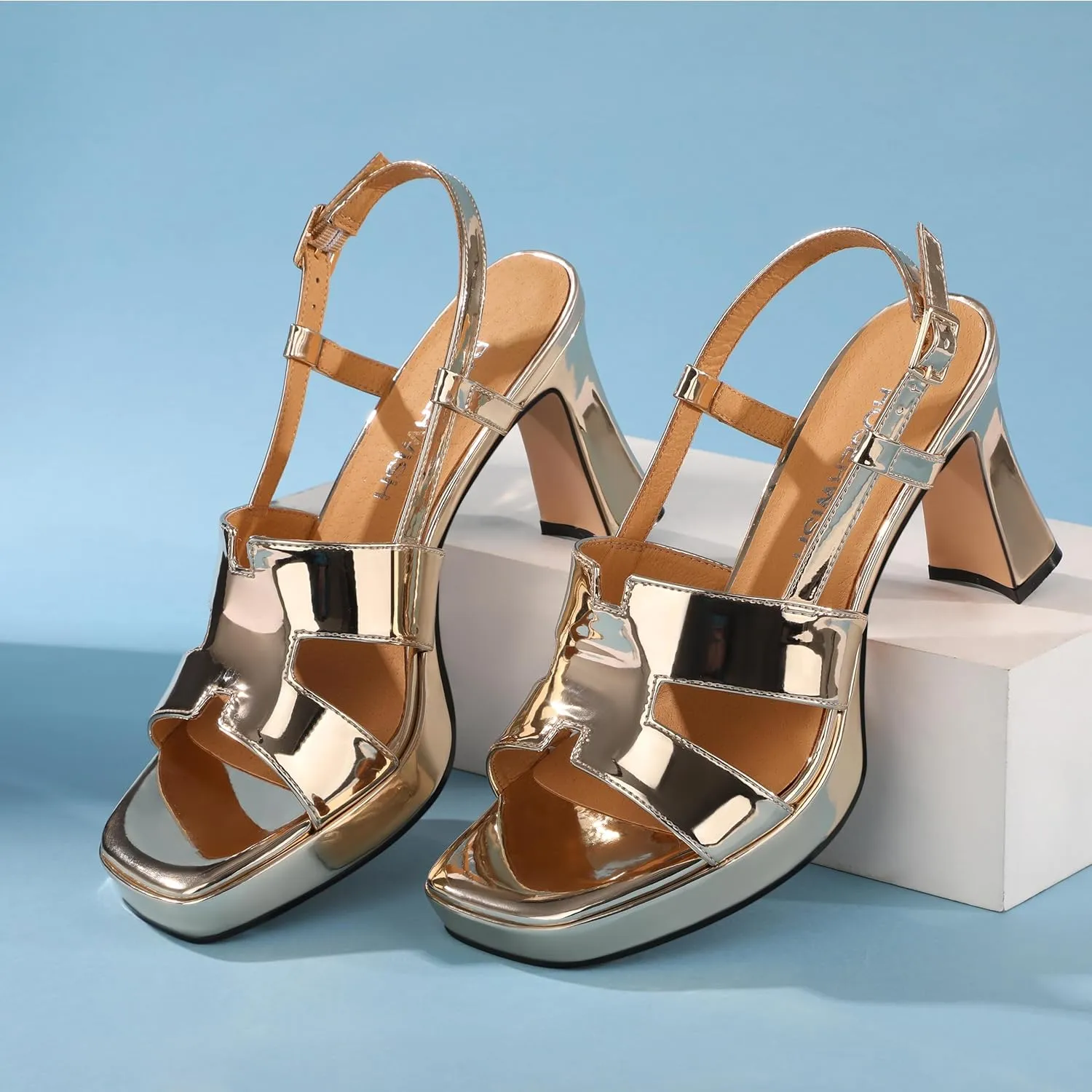 ROSERWISH Heels for Women Chunky Block Platform High Heels Square Open Toe Strappy Heel Sandals Wedding Party Prom Fashion Slingback Dress Pump Sandals Shoes