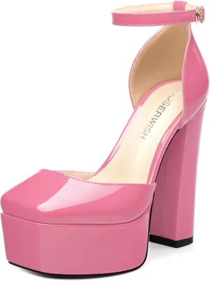 ROSERWISH Womens Platform High Chunky Heels Closed Square Toe Block Ankle Strap Patent Party Wedding Pumps 5 Inch Sexy Dress Shoes