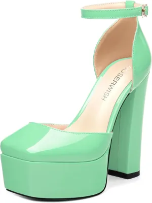 ROSERWISH Womens Platform High Chunky Heels Closed Square Toe Block Ankle Strap Patent Party Wedding Pumps 5 Inch Sexy Dress Shoes