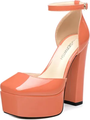 ROSERWISH Womens Platform High Chunky Heels Closed Square Toe Block Ankle Strap Patent Party Wedding Pumps 5 Inch Sexy Dress Shoes