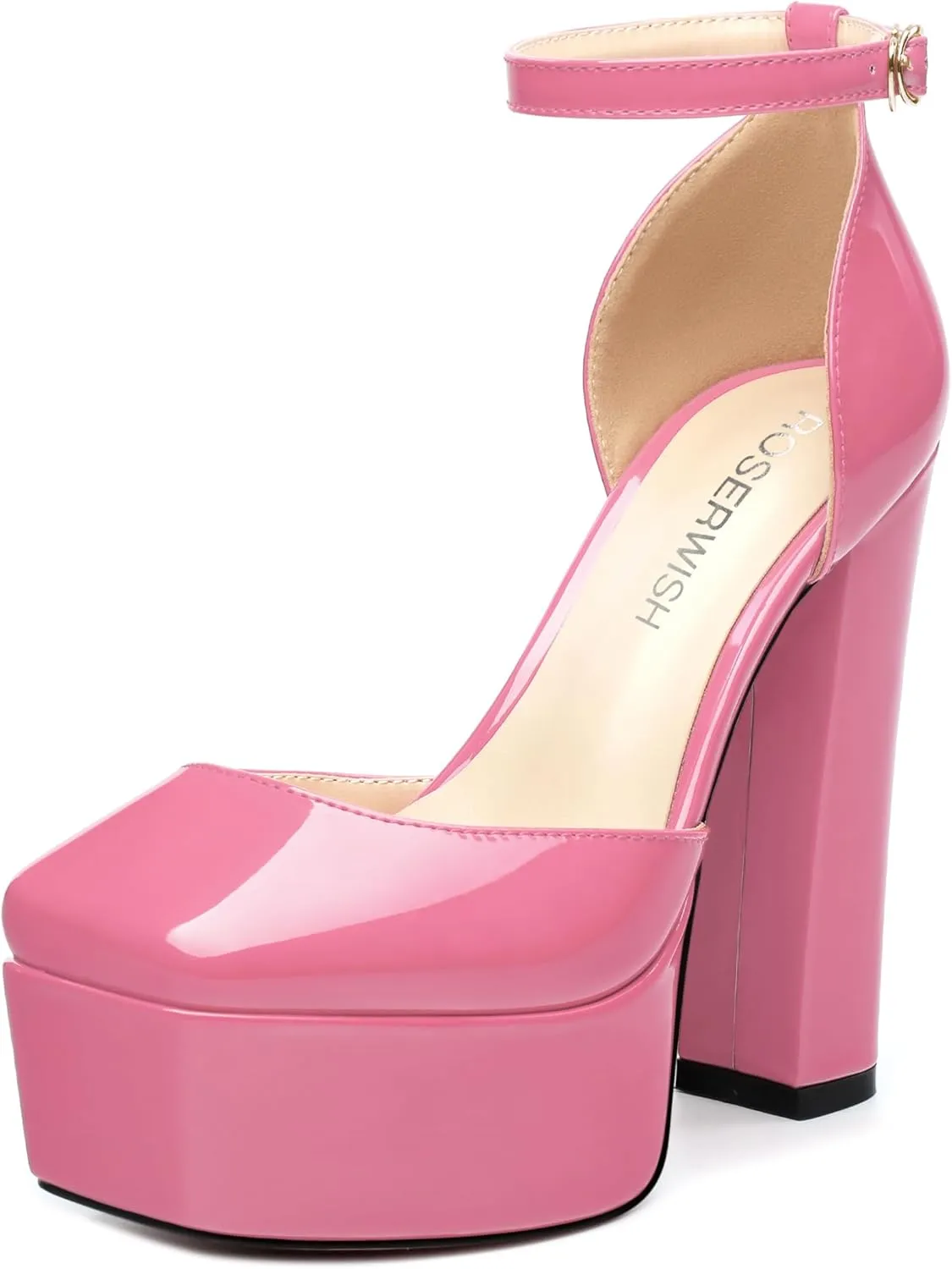 ROSERWISH Womens Platform High Chunky Heels Closed Square Toe Block Ankle Strap Patent Party Wedding Pumps 5 Inch Sexy Dress Shoes