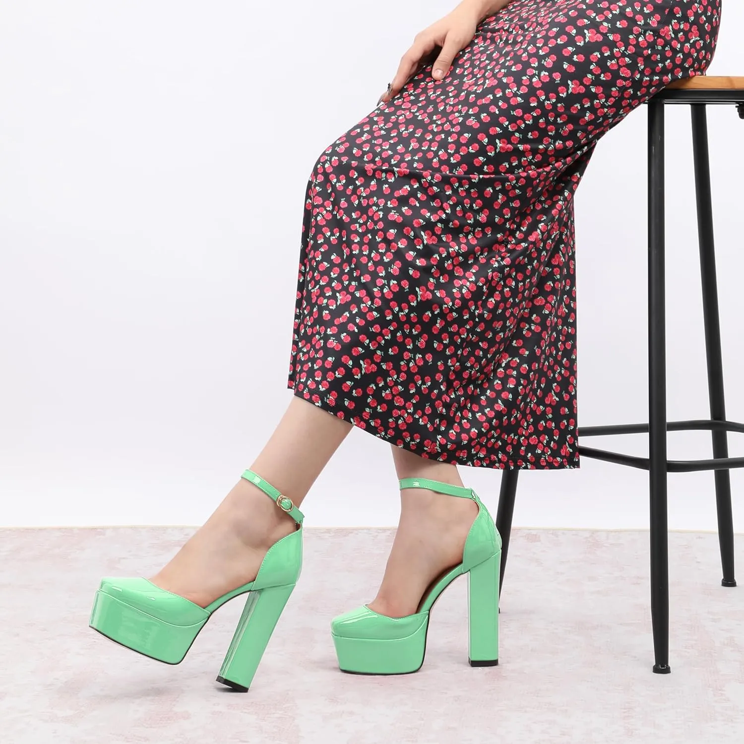 ROSERWISH Womens Platform High Chunky Heels Closed Square Toe Block Ankle Strap Patent Party Wedding Pumps 5 Inch Sexy Dress Shoes