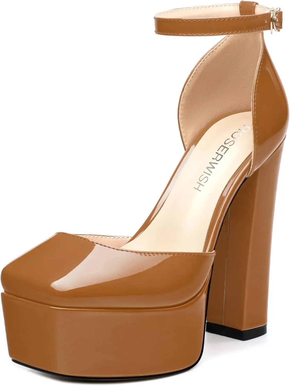 ROSERWISH Womens Platform High Chunky Heels Closed Square Toe Block Ankle Strap Patent Party Wedding Pumps 5 Inch Sexy Dress Shoes