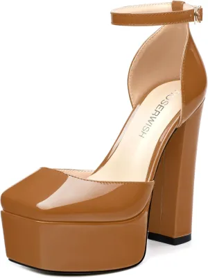 ROSERWISH Womens Platform High Chunky Heels Closed Square Toe Block Ankle Strap Patent Party Wedding Pumps 5 Inch Sexy Dress Shoes