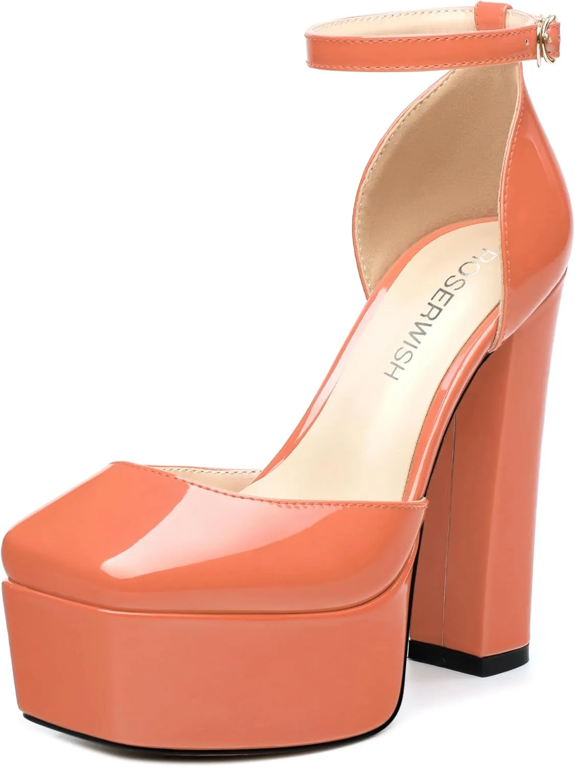 ROSERWISH Womens Platform High Chunky Heels Closed Square Toe Block Ankle Strap Patent Party Wedding Pumps 5 Inch Sexy Dress Shoes