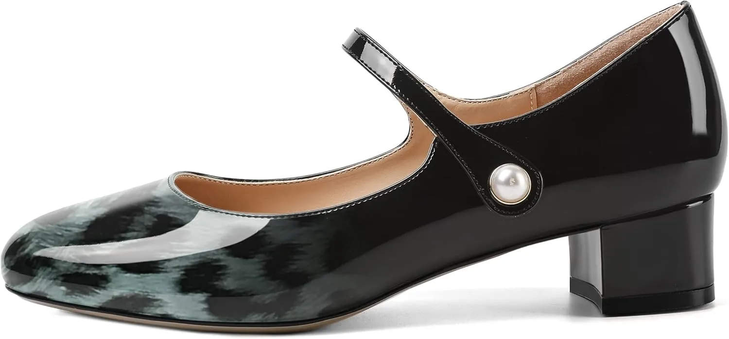 ROSERWISH Womens Round Toe Cute Wedding Ankle Strap Casual Patent Pearl Chunky Low Heel Pumps Shoes 1.5 Inch