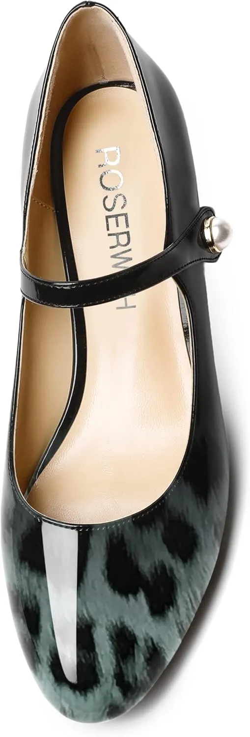 ROSERWISH Womens Round Toe Cute Wedding Ankle Strap Casual Patent Pearl Chunky Low Heel Pumps Shoes 1.5 Inch
