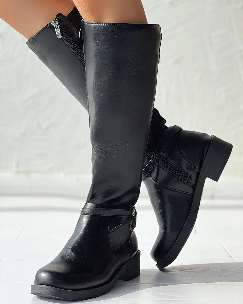 Round Toe Chunky Heel Calf Boots