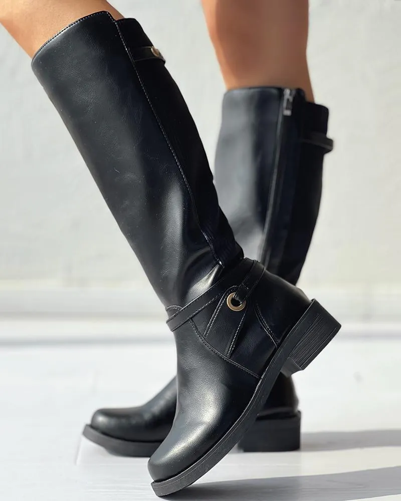Round Toe Chunky Heel Calf Boots