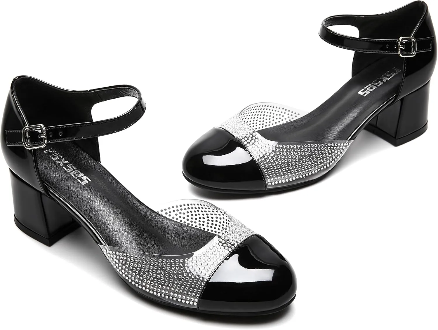 rsxses Women's Closed Round Toe Low Block Heels Ankle Strap Chunky Heel Pumps Rhinestone Dress Wedding Shoes