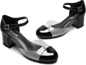 rsxses Women's Closed Round Toe Low Block Heels Ankle Strap Chunky Heel Pumps Rhinestone Dress Wedding Shoes