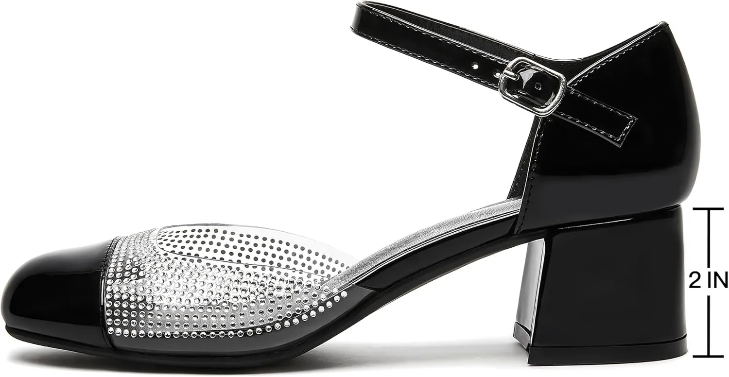rsxses Women's Closed Round Toe Low Block Heels Ankle Strap Chunky Heel Pumps Rhinestone Dress Wedding Shoes