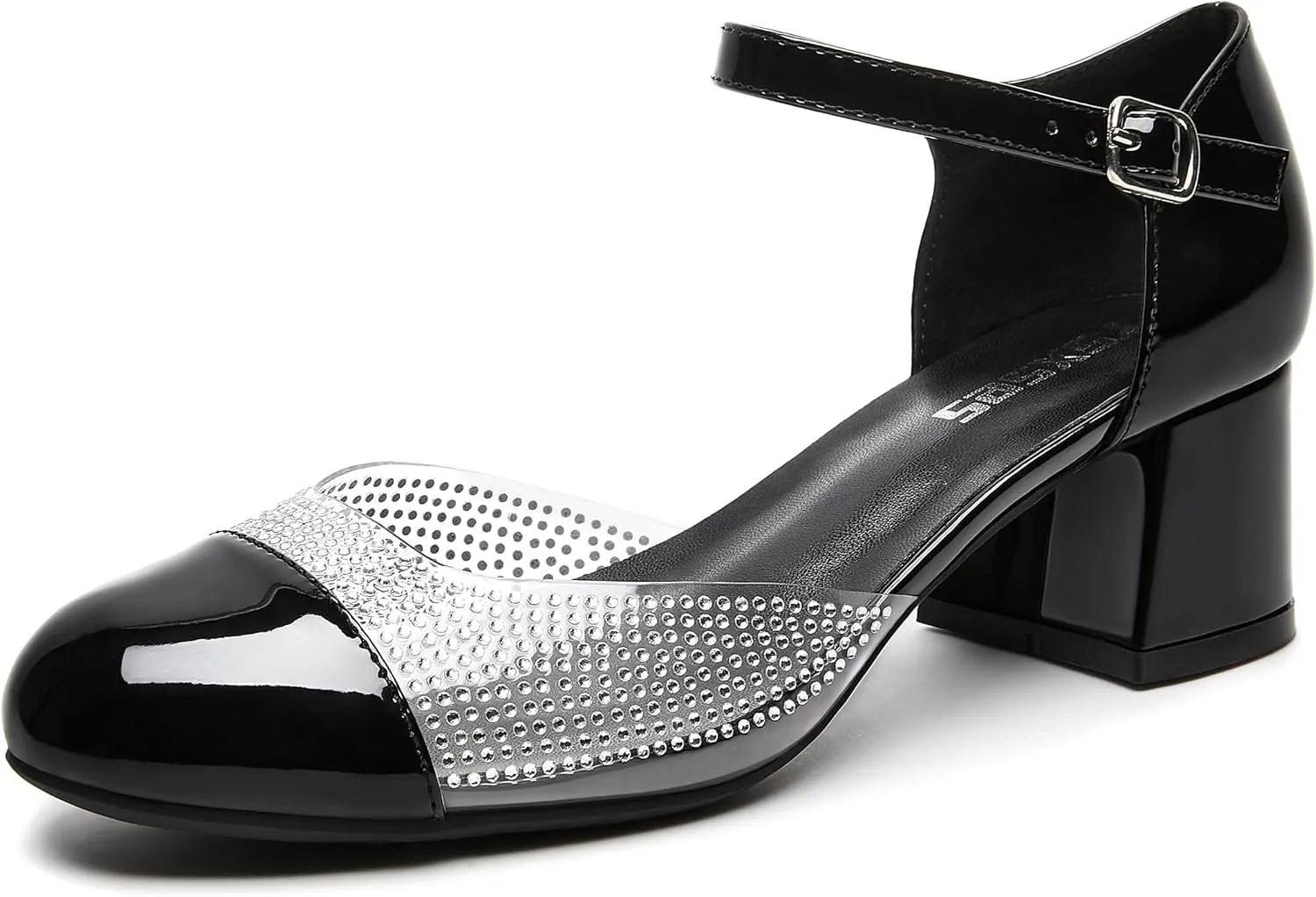 rsxses Women's Closed Round Toe Low Block Heels Ankle Strap Chunky Heel Pumps Rhinestone Dress Wedding Shoes