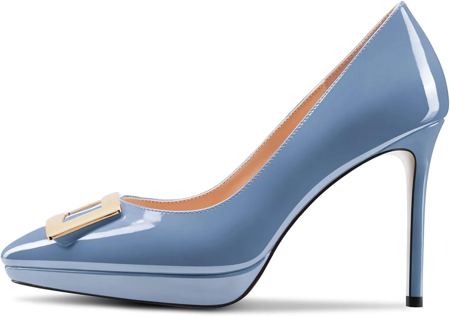 Saekcted Womens Stiletto High Platform Heel Pointed Toe Pumps Slip-on Buckle Office Basic Classic Summer Patent Leather 4.7 Inches Heels