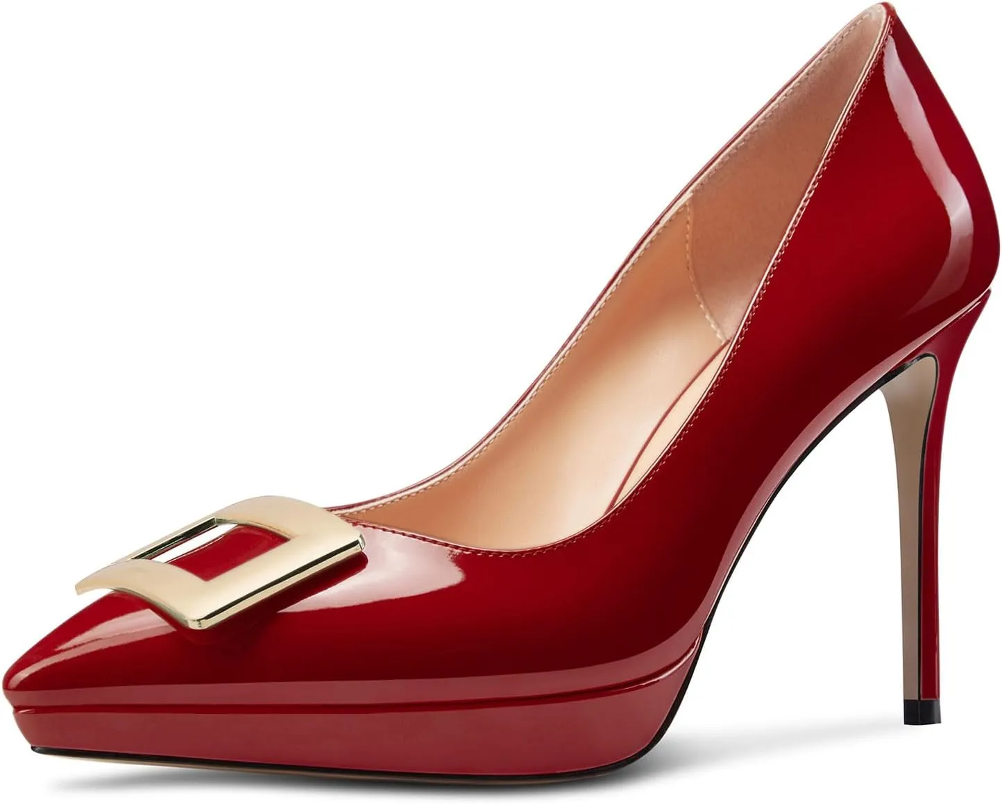 Saekcted Womens Stiletto High Platform Heel Pointed Toe Pumps Slip-on Buckle Office Basic Classic Summer Patent Leather 4.7 Inches Heels