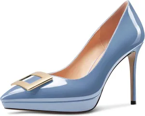 Saekcted Womens Stiletto High Platform Heel Pointed Toe Pumps Slip-on Buckle Office Basic Classic Summer Patent Leather 4.7 Inches Heels