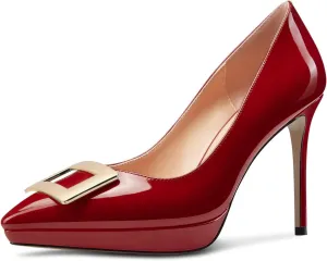 Saekcted Womens Stiletto High Platform Heel Pointed Toe Pumps Slip-on Buckle Office Basic Classic Summer Patent Leather 4.7 Inches Heels