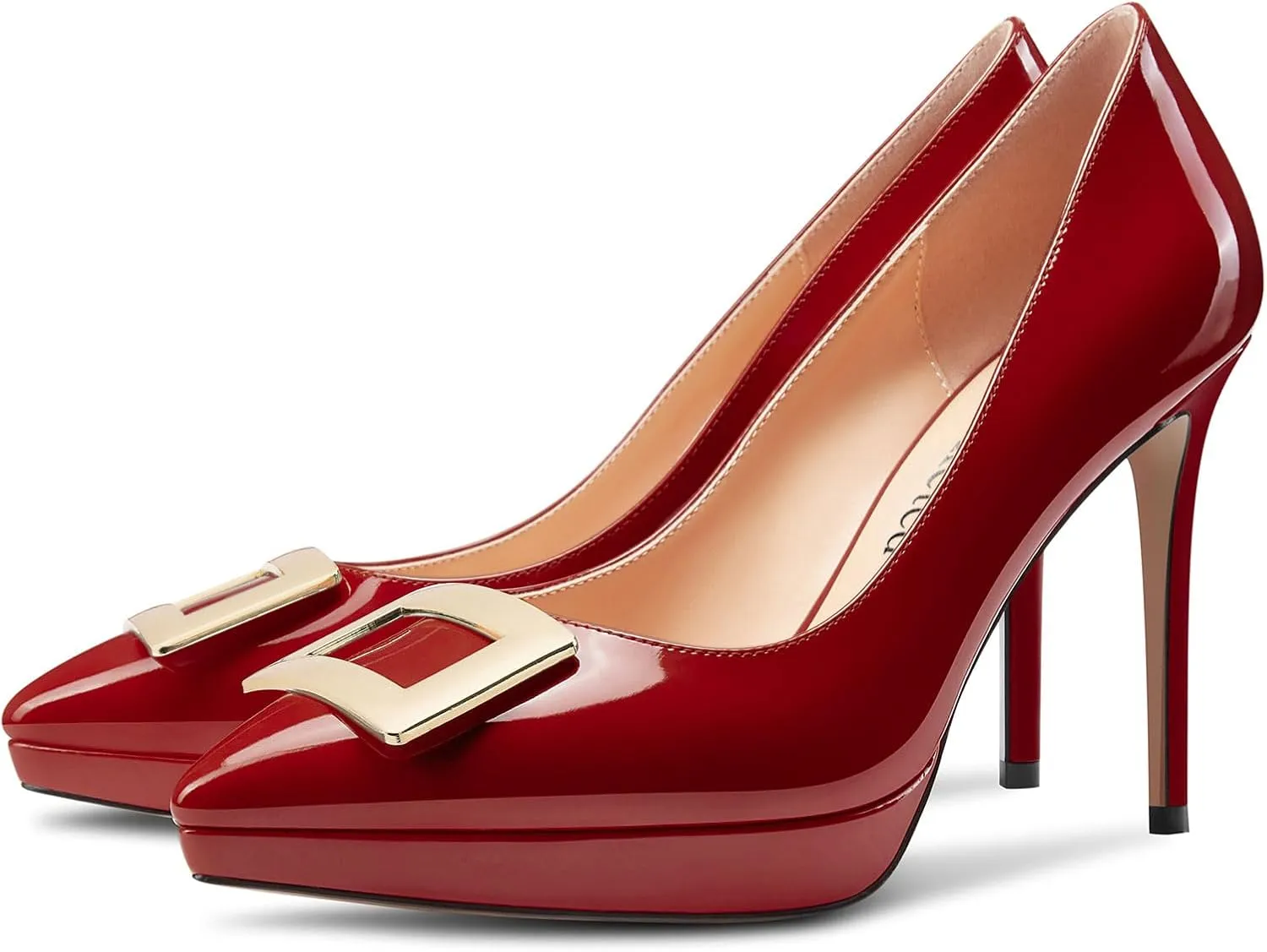 Saekcted Womens Stiletto High Platform Heel Pointed Toe Pumps Slip-on Buckle Office Basic Classic Summer Patent Leather 4.7 Inches Heels